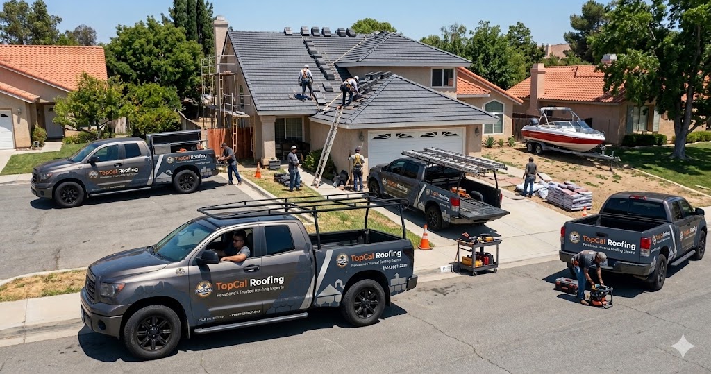 TopCal Roofing crew and branded trucks on a residential job site in Los Angeles County