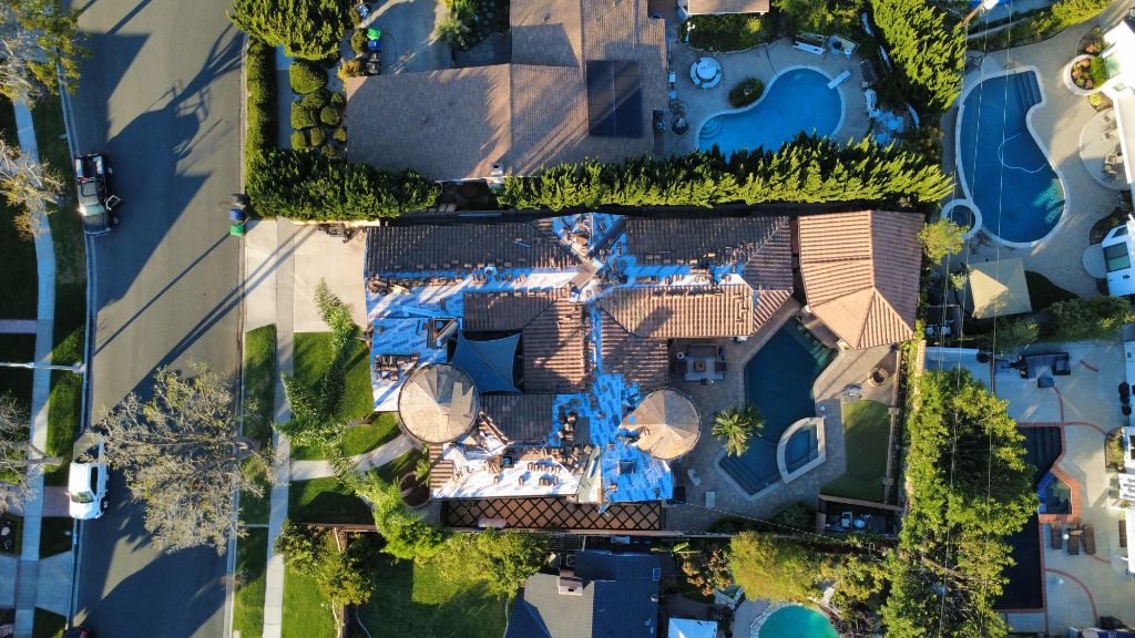 TopCal Roofing — aerial view of clay tile roof installation in Southern California